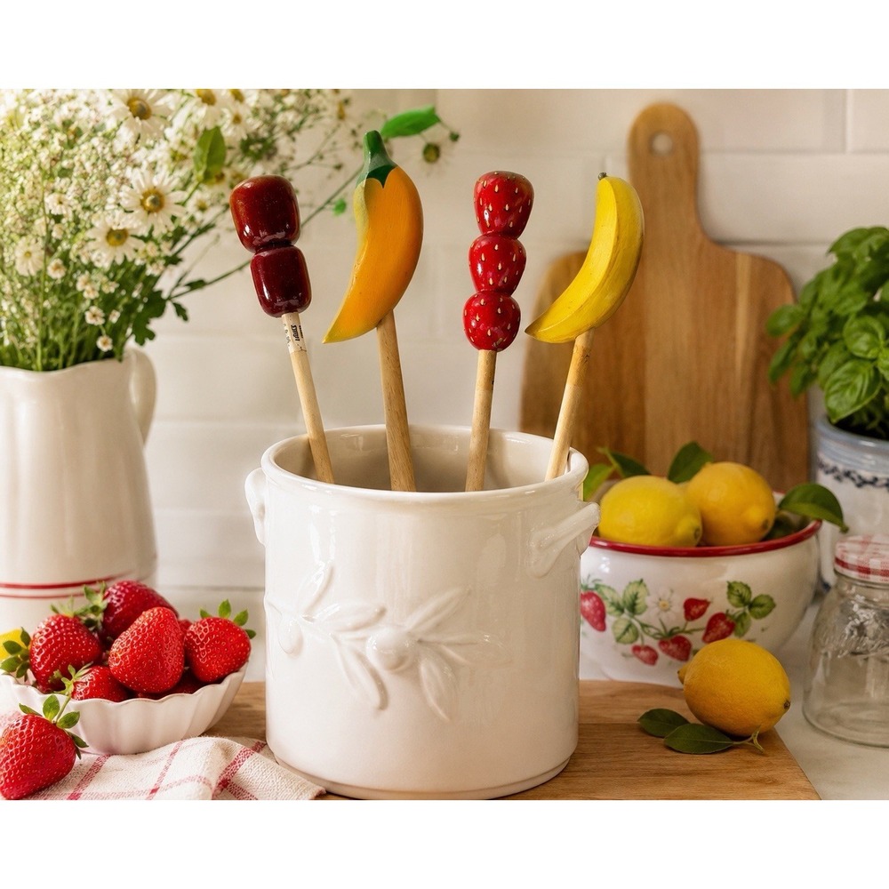 Pier 1 Wooden Kitchen Utensils Fruit Veg Handles Set 4 Apple Banana Strawberry